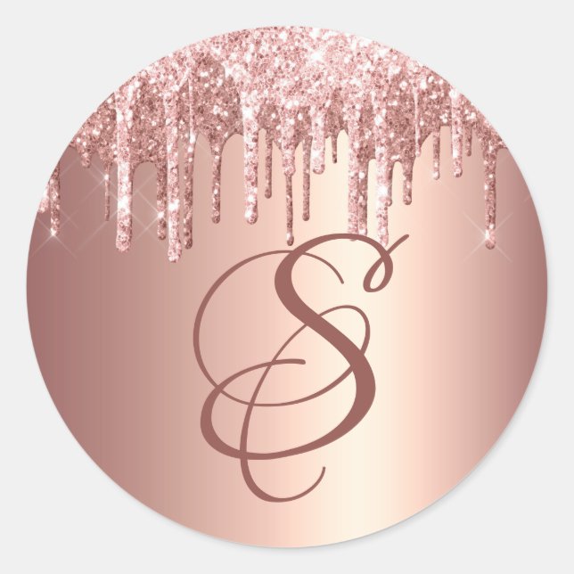 Trendy Rose Gold Glitter Drips Graphic Monogram Classic Round Sticker (Front)