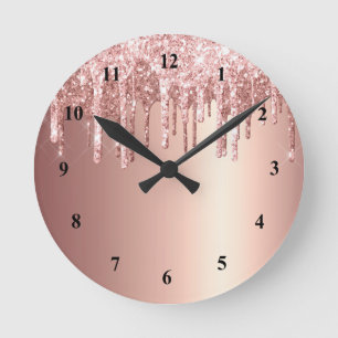 Trendy Rose Gold Glitter Drips Graphic Round Clock