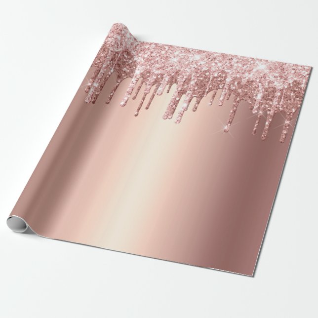 Trendy Rose Gold Glitter Drips Graphic Wrapping Paper (Unrolled)