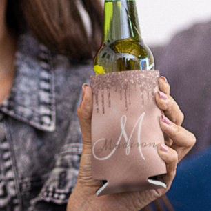 Trendy Rose Gold Glitter Drips Monogrammed Can Cooler