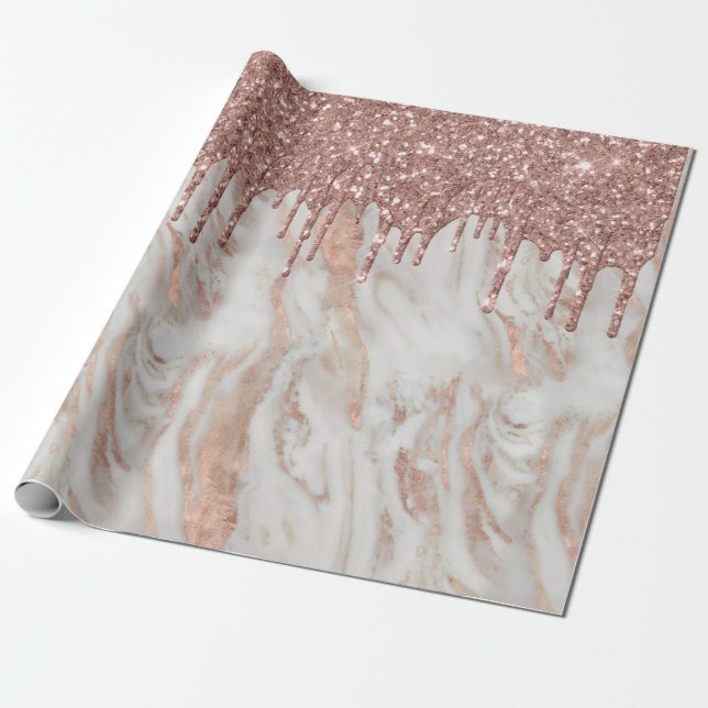 Trendy Rose Gold Glitter Drips White Marble Wrapping Paper (Unrolled)