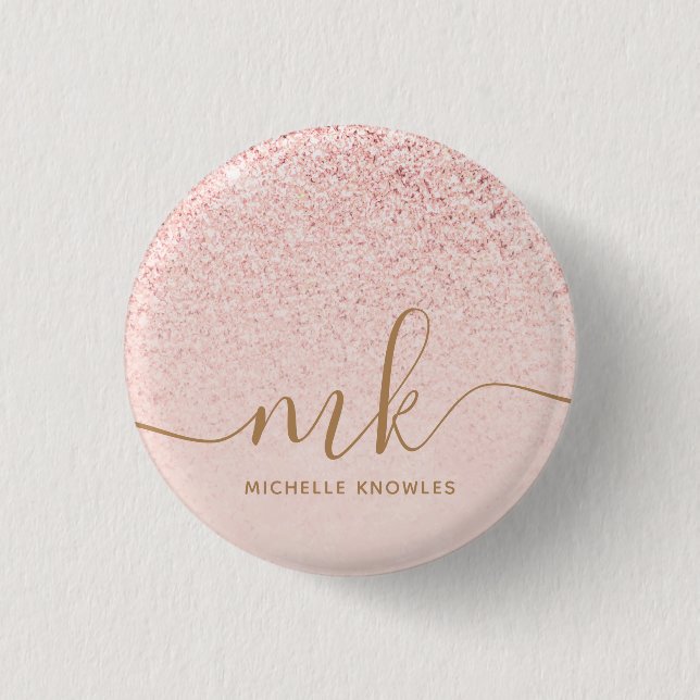 Trendy Rose Gold Glitter Fancy Initials and Name 3 Cm Round Badge (Front)