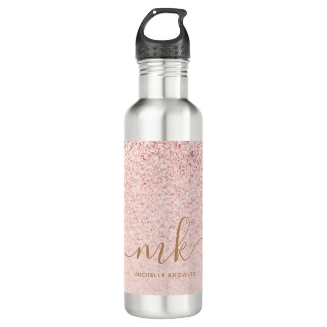 Trendy Rose Gold Glitter Fancy Initials and Name 710 Ml Water Bottle (Front)