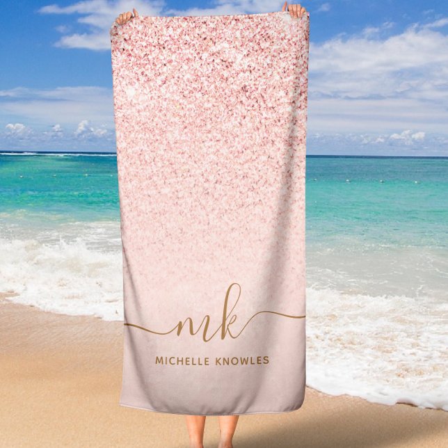 Trendy Rose Gold Glitter Fancy Initials and Name Beach Towel (Trendy Rose Gold Glitter Fancy Initials and Name Beach Towel)