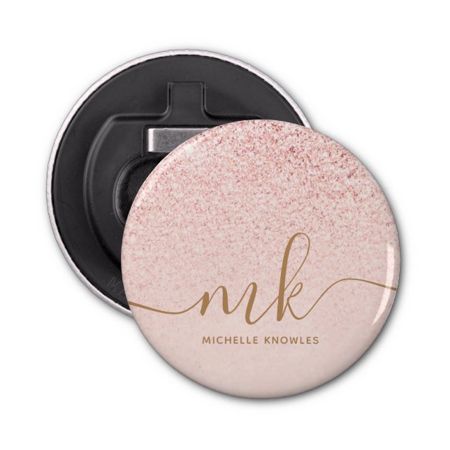 Trendy Rose Gold Glitter Fancy Initials and Name Bottle Opener (Front)