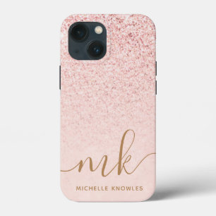 Trendy Rose Gold Glitter Fancy Initials and Name iPhone 13 Mini Case