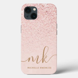 Trendy Rose Gold Glitter Fancy Initials and Name iPhone 13 Case