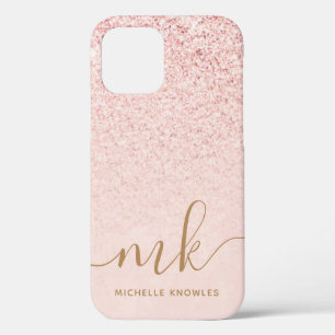 Trendy Rose Gold Glitter Fancy Initials and Name iPhone 12 Pro Case
