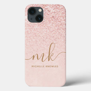 Trendy Rose Gold Glitter Fancy Initials and Name iPhone 13 Case