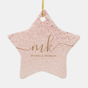 Trendy Rose Gold Glitter Fancy Initials and Name  Ceramic Tree Decoration