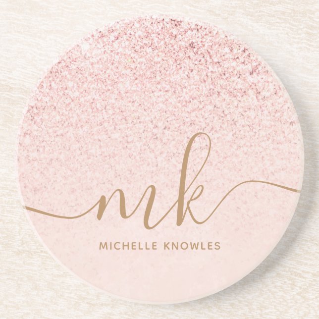Trendy Rose Gold Glitter Fancy Initials and Name Coaster (Front)