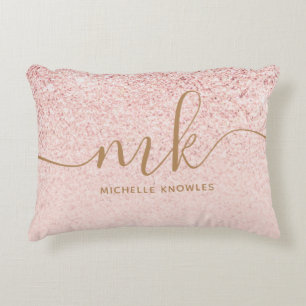 Trendy Rose Gold Glitter Fancy Initials and Name Decorative Cushion