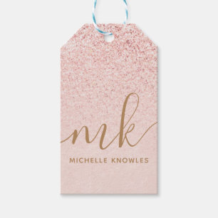 Trendy Rose Gold Glitter Fancy Initials and Name Gift Tags