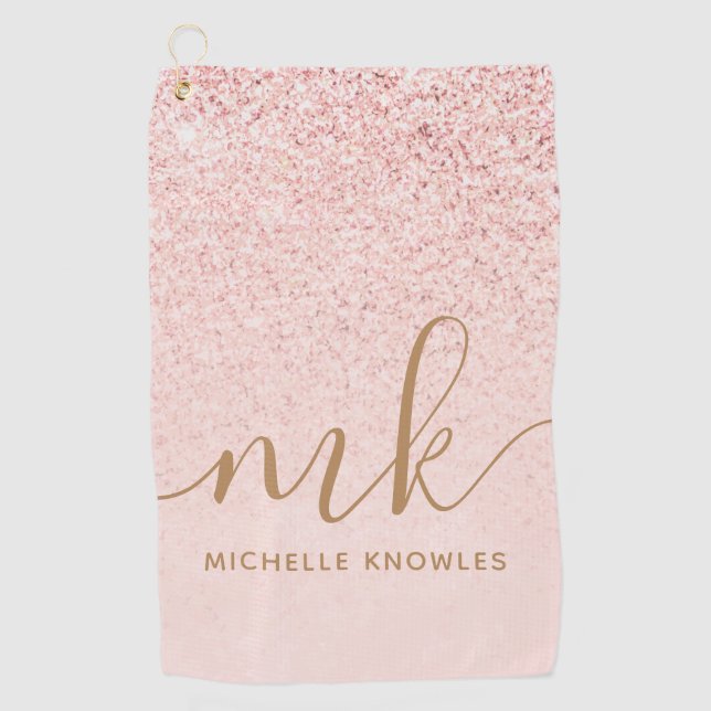 Trendy Rose Gold Glitter Fancy Initials and Name Golf Towel (Front)
