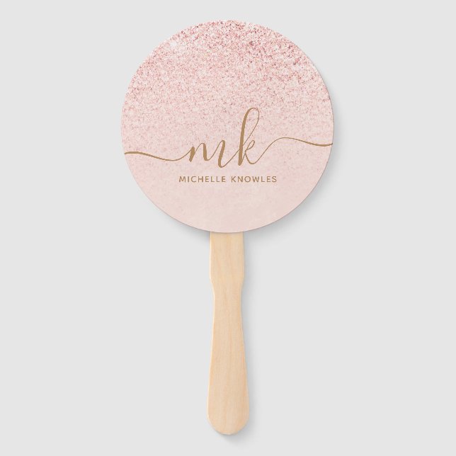 Trendy Rose Gold Glitter Fancy Initials and Name Hand Fan (Front)