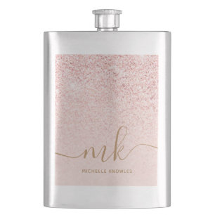 Trendy Rose Gold Glitter Fancy Initials and Name Hip Flask