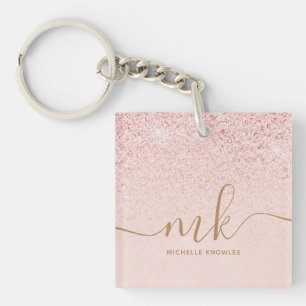 Trendy Rose Gold Glitter Fancy Initials and Name Key Ring