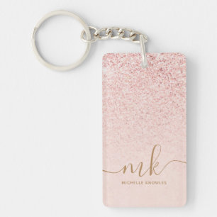 Trendy Rose Gold Glitter Fancy Initials and Name Key Ring