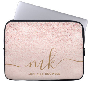 Trendy Rose Gold Glitter Fancy Initials and Name Laptop Sleeve