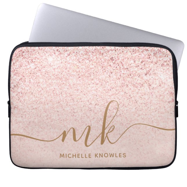 Trendy Rose Gold Glitter Fancy Initials and Name Laptop Sleeve (Front)