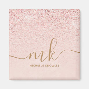 Trendy Rose Gold Glitter Fancy Initials and Name Magnet