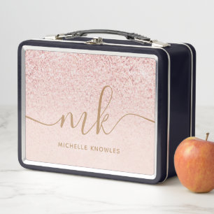 Trendy Rose Gold Glitter Fancy Initials and Name Metal Lunch Box