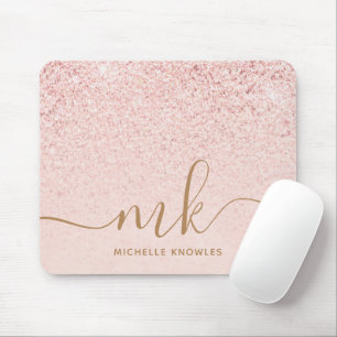 Trendy Rose Gold Glitter Fancy Initials and Name Mouse Mat
