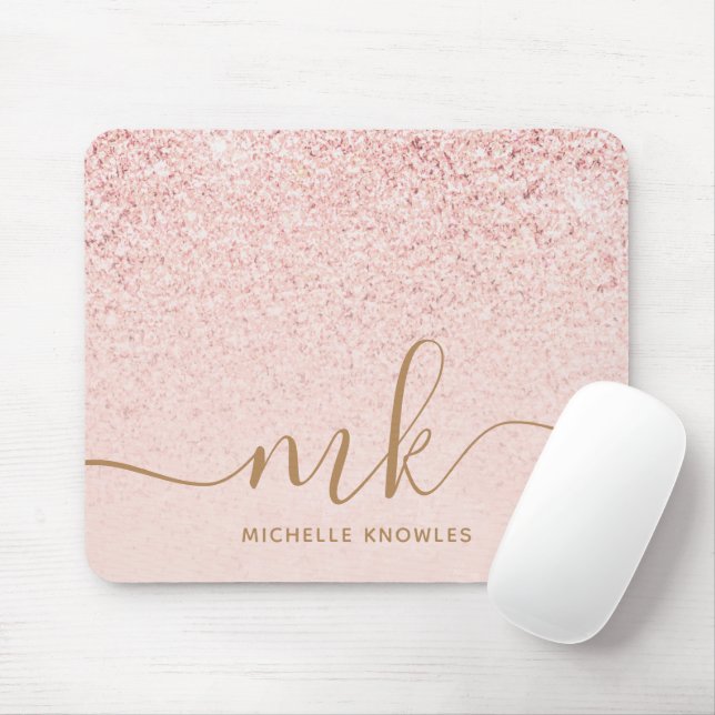 Trendy Rose Gold Glitter Fancy Initials and Name Mouse Mat (With Mouse)