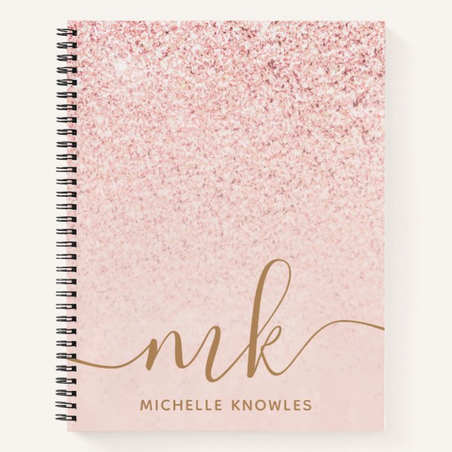 Trendy Rose Gold Glitter Fancy Initials and Name Notebook (Front)