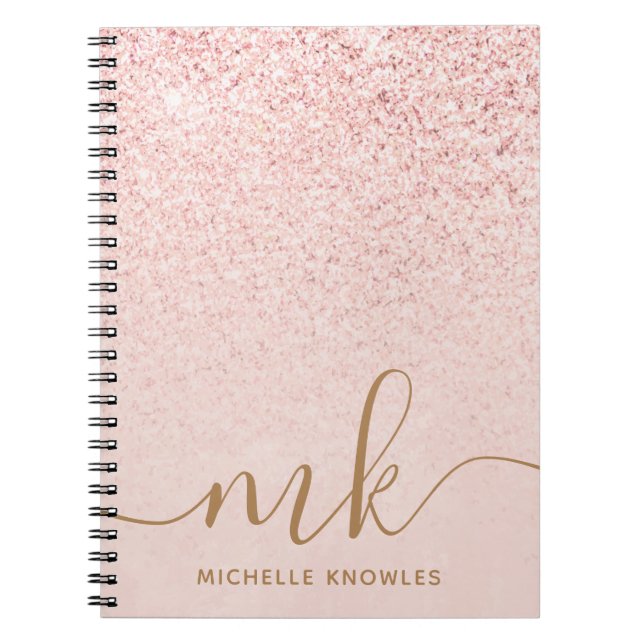 Trendy Rose Gold Glitter Fancy Initials and Name Notebook (Front)