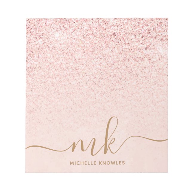 Trendy Rose Gold Glitter Fancy Initials and Name Notepad (Front)