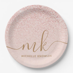 Trendy Rose Gold Glitter Fancy Initials and Name Paper Plate