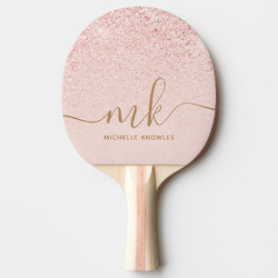 Trendy Rose Gold Glitter Fancy Initials and Name Ping Pong Paddle