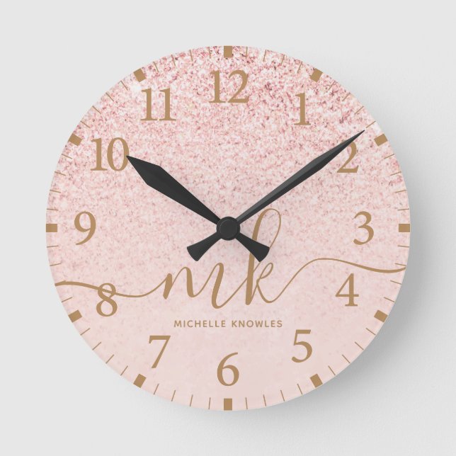 Trendy Rose Gold Glitter Fancy Initials and Name Round Clock (Front)