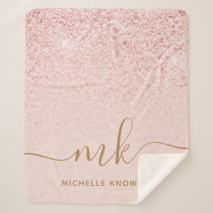 Trendy Rose Gold Glitter Fancy Initials and Name Sherpa Blanket