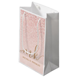 Trendy Rose Gold Glitter Fancy Initials and Name Small Gift Bag