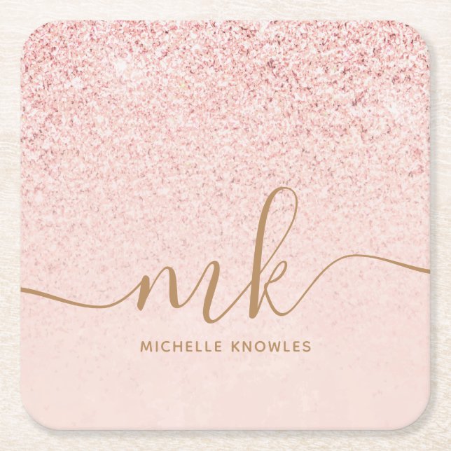 Trendy Rose Gold Glitter Fancy Initials and Name Square Paper Coaster (Front)