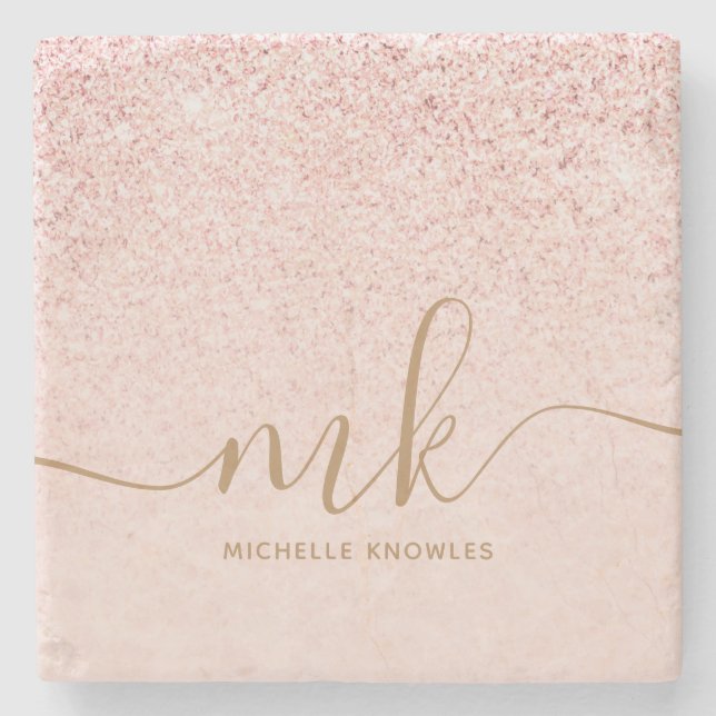 Trendy Rose Gold Glitter Fancy Initials and Name Stone Coaster (Front)