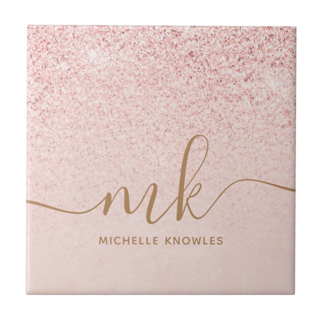 Trendy Rose Gold Glitter Fancy Initials and Name Tile (Front)