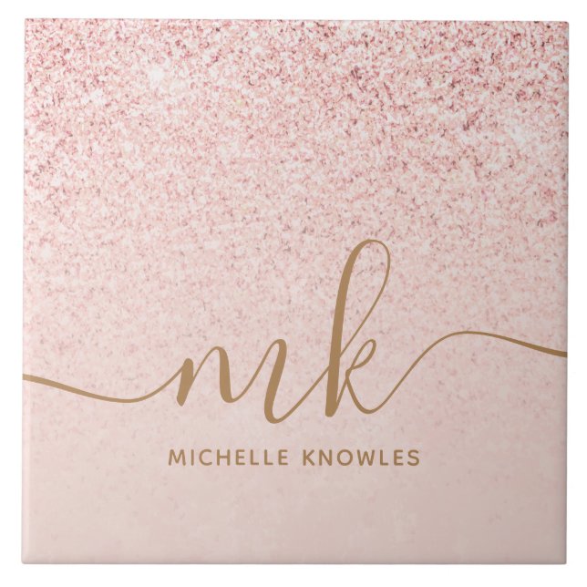 Trendy Rose Gold Glitter Fancy Initials and Name Tile (Front)
