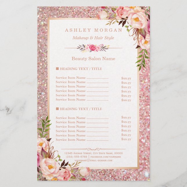 Trendy Rose Gold Glitter Floral Beauty Salon Menu (Front)
