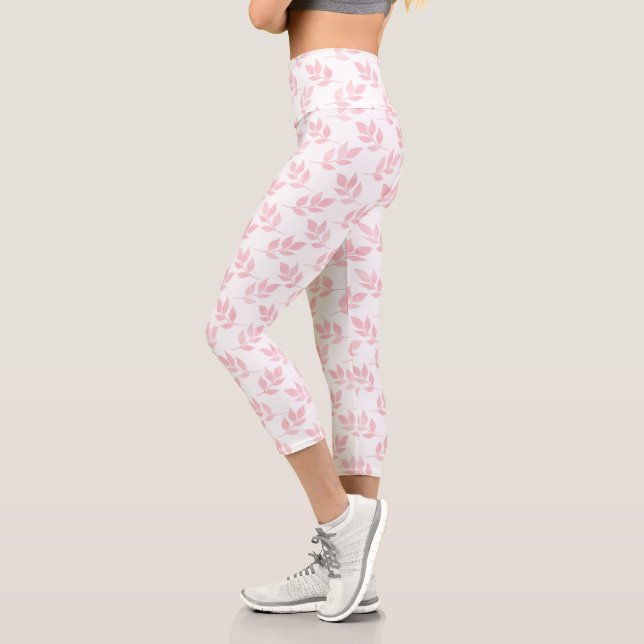 Trendy Rose Gold Glitter Foliage White Design Capri Leggings (Left)