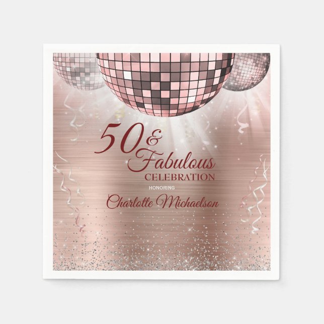 Trendy Rose Gold Glitter Glam 50 & Fabulous Disco Napkin (Front)