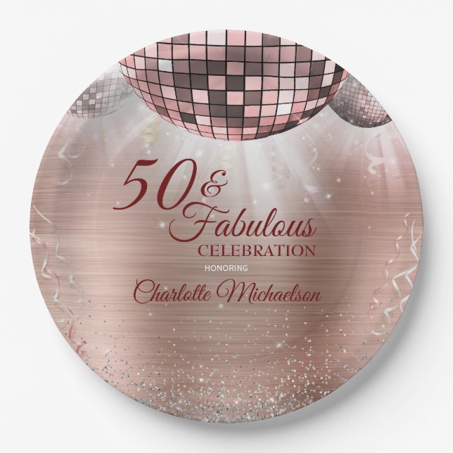 Trendy Rose Gold Glitter Glam 50 & Fabulous Disco Paper Plate (Front)