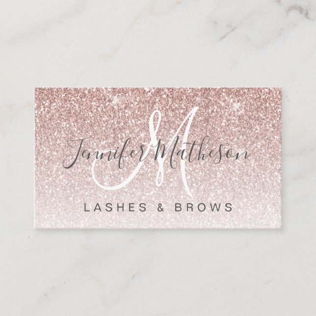Trendy Rose Gold Glitter Lashes Brows Salon Business Card (Front)