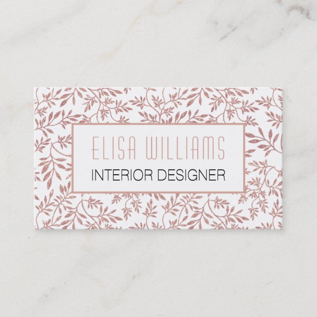 Trendy rose gold glitter leaves floral pattern business card (Front)