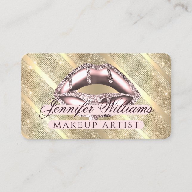 Trendy Rose Gold Glitter Lips Makeup Artist Gold Business Card (Front)