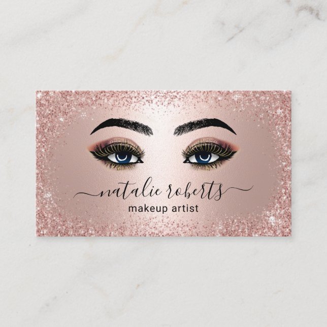 Trendy Rose Gold Glitter Makeup Artist Gold Lashes Business Card (Front)