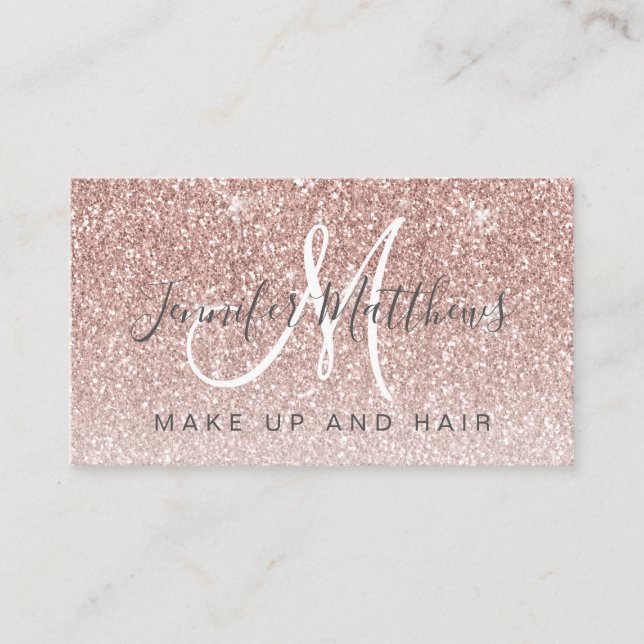 Trendy Rose Gold Glitter Makeup Artist Hair Salon Business Card (Front)
