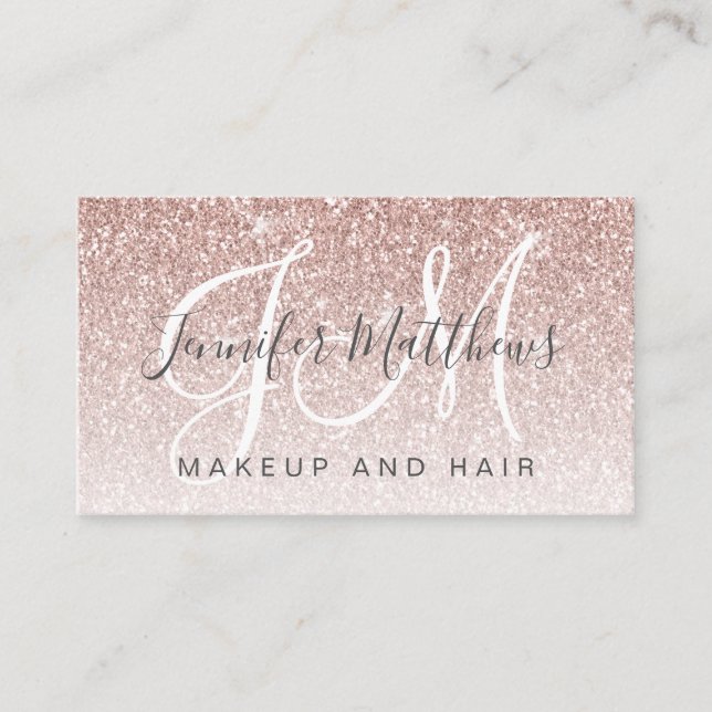 Trendy Rose Gold Glitter Makeup Artist Hair Salon Business Card (Front)